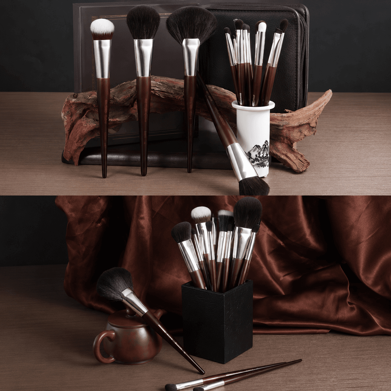 16 Piece Ebony Wood Professional Makeup Brush Set for Face, Eyes, Lips and Brows